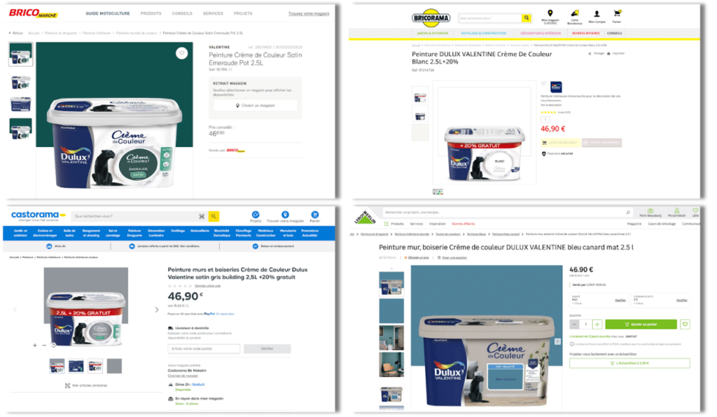 Cet exemple dans le secteur du bricolage montre la présente d'un produit identique dans plusieurs enseignes.