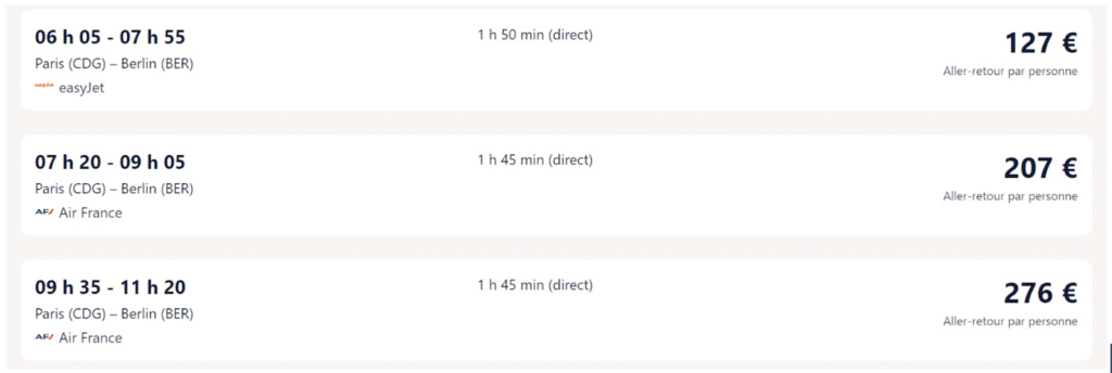 Price comparison for a Paris-Berlin flight