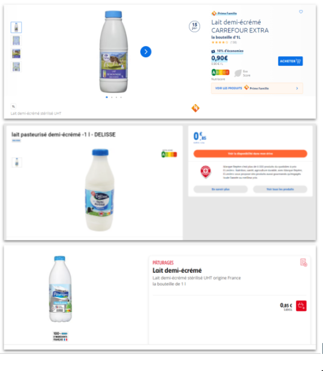 Comparaison des prix pour des bouteilles de lait, de marque nationale et marque distributeur.